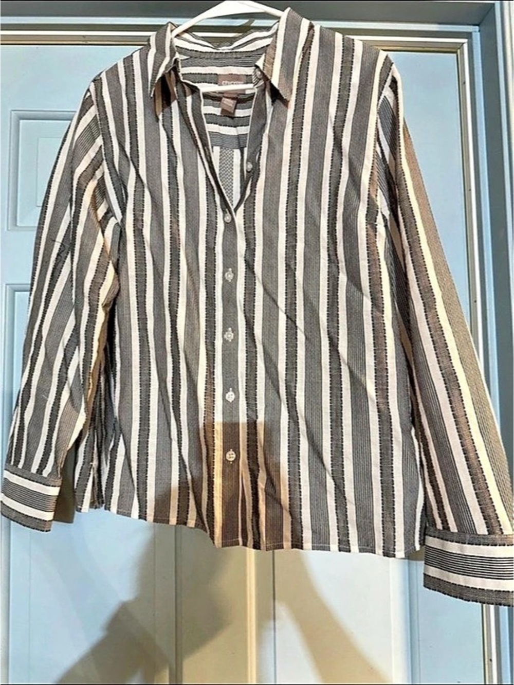 Chico's Striped Button Down Shirt in Brown & White Size 2